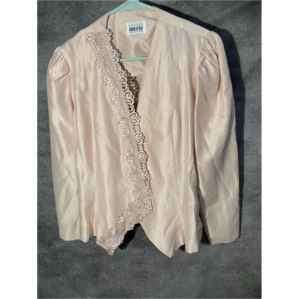Leslie Fay Vintage Pink Lace Trim Blazer Jacket Asymmetrical Open Front Sz S M